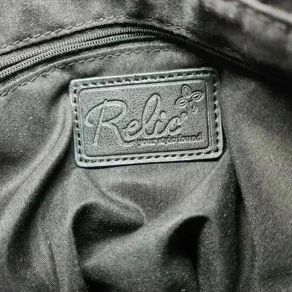 Relic black leather handbag twist braided shoulder strap, 3 sections NICE - Picture 5 of 10